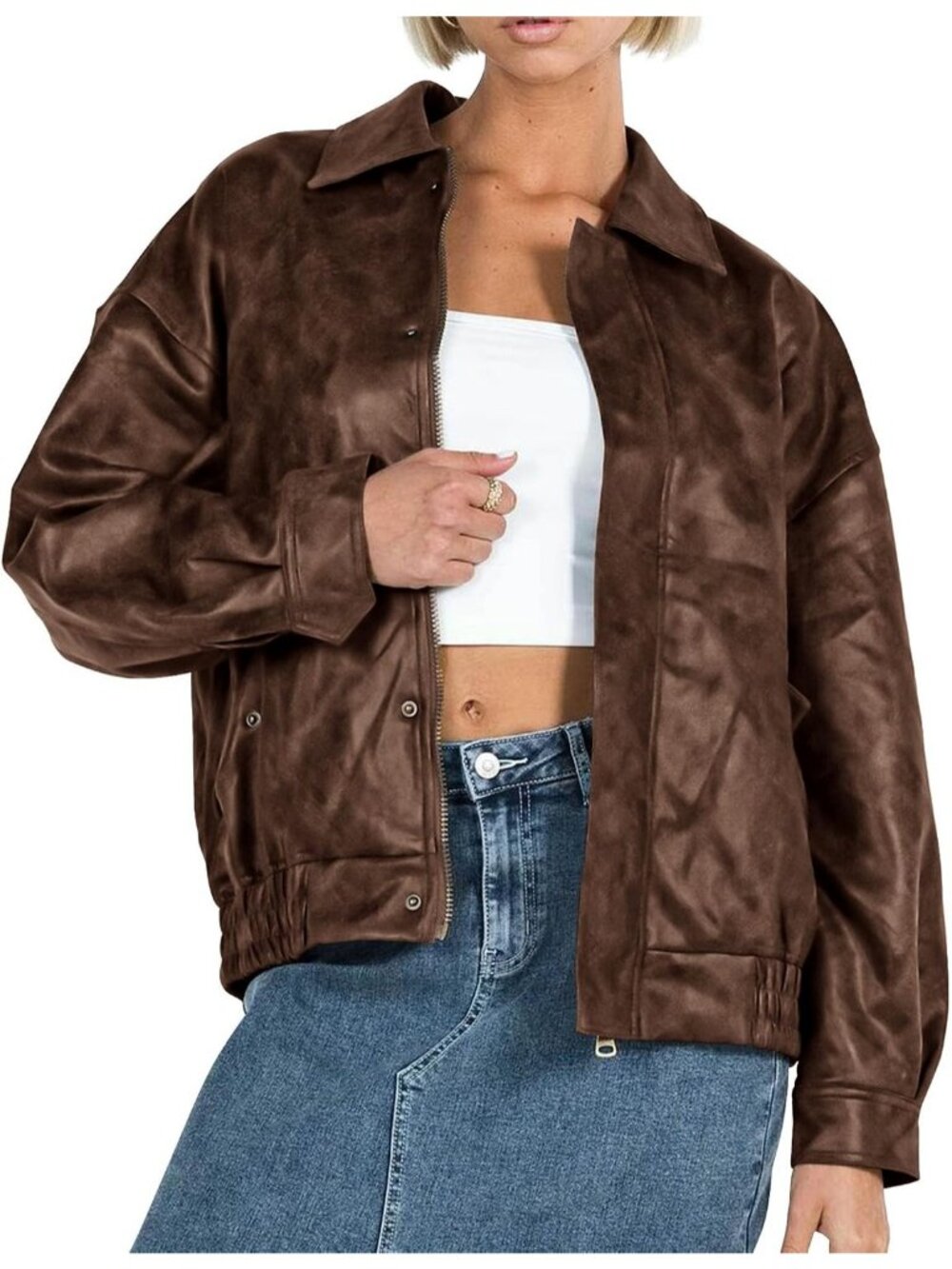 Women's Brown Faux Leather Motorcycle Jacket Trendy Outfits Oversized Fit